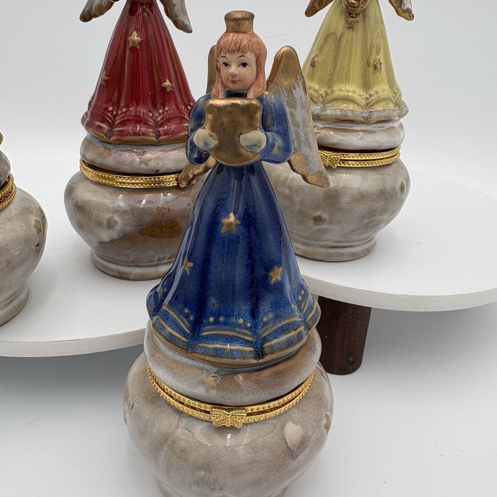 Set Of 4 Angel Trinket Box‎ with Instrument and Stars Hinged 6" Tall Vintage - Picture 3 of 15